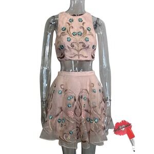 Bebe 2 Piece Set Women 4 Blush Pink Floral Embroidered Crop Top Skater Skirt NWT